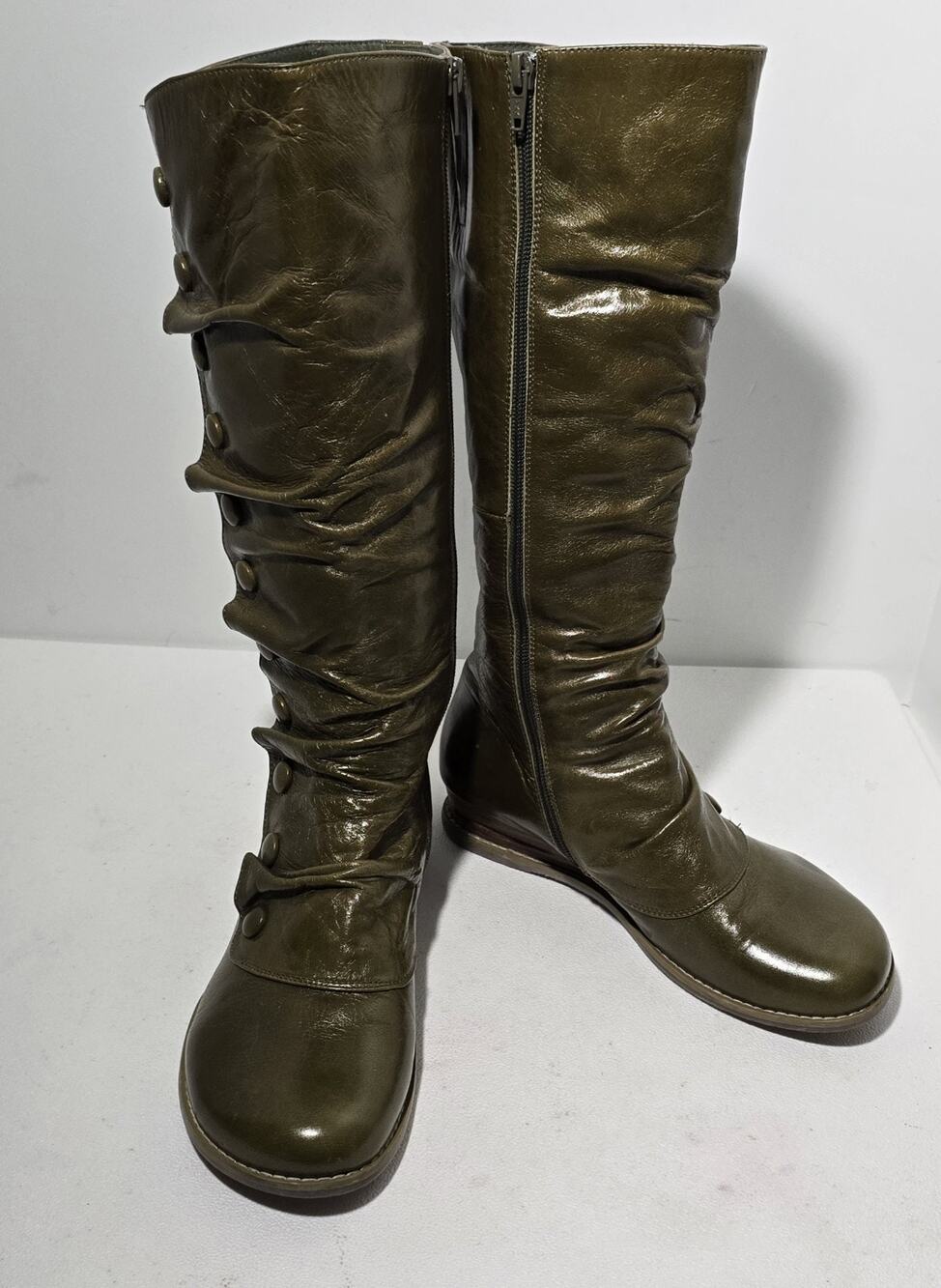 Miz Mooz Bloom Knee High Leather Riding Boots Olive Green Button Accent US 7